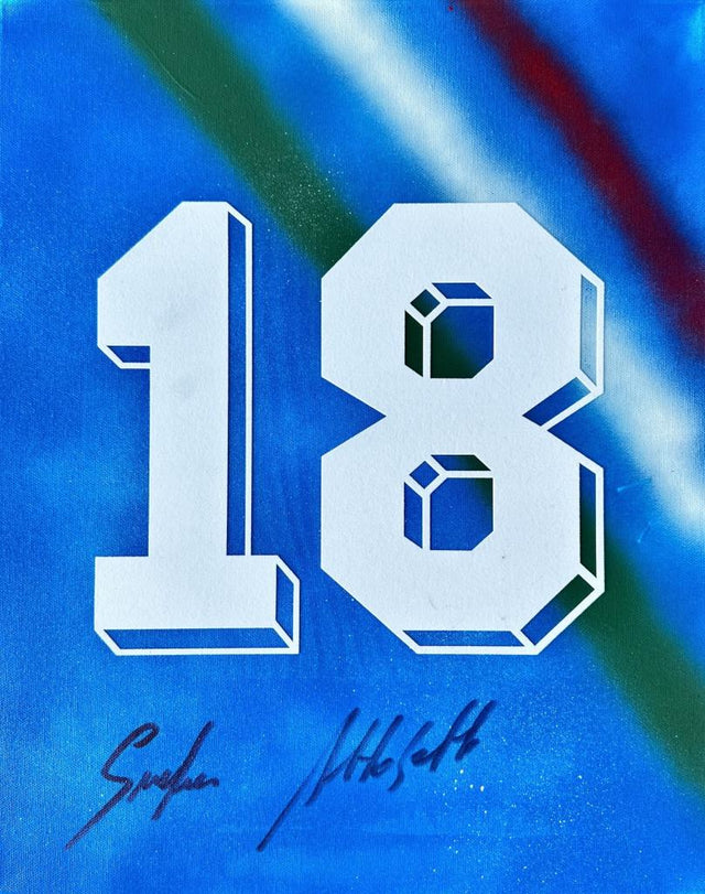 Frame Legends autografato Alessandro Altobelli – dettaglio tela dipinta numero 18 Nazionale Italiana – autografo originale con soprannome Spillo – condizioni Excellent