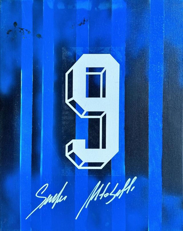 Frame Legends autografato Alessandro Altobelli – dettaglio tela dipinta numero 9 Inter – autografo originale Spillo Altobelli pennarello bianco – condizioni Excellent
