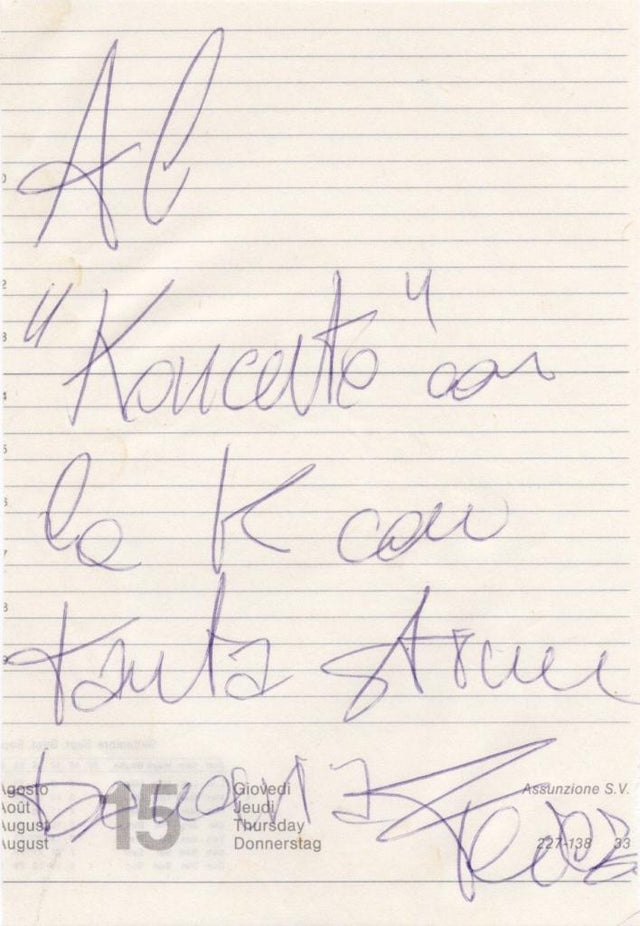 Autografo originale membro Elio e Le Storie Tese – foglio di agenda – dedica personalizzata a Koncerto – pennarello blu