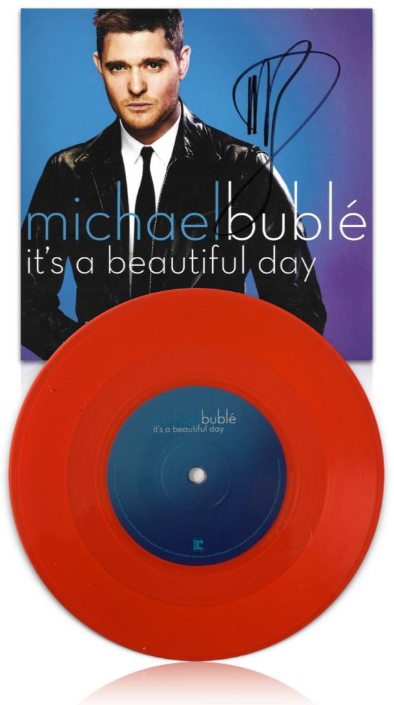 Vinile singolo rosso Michael Bublé It's a Beautiful Day autografato – copertina con firma originale pennarello nero – edizione limitata 2013