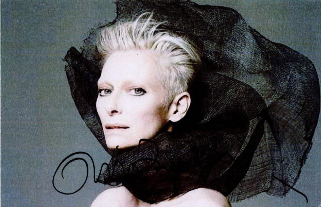 Fotografia autografata Tilda Swinton ritratto artistico con drappeggio nero – autografo originale pennarello nero – 17x10 cm – condizioni Excellent
