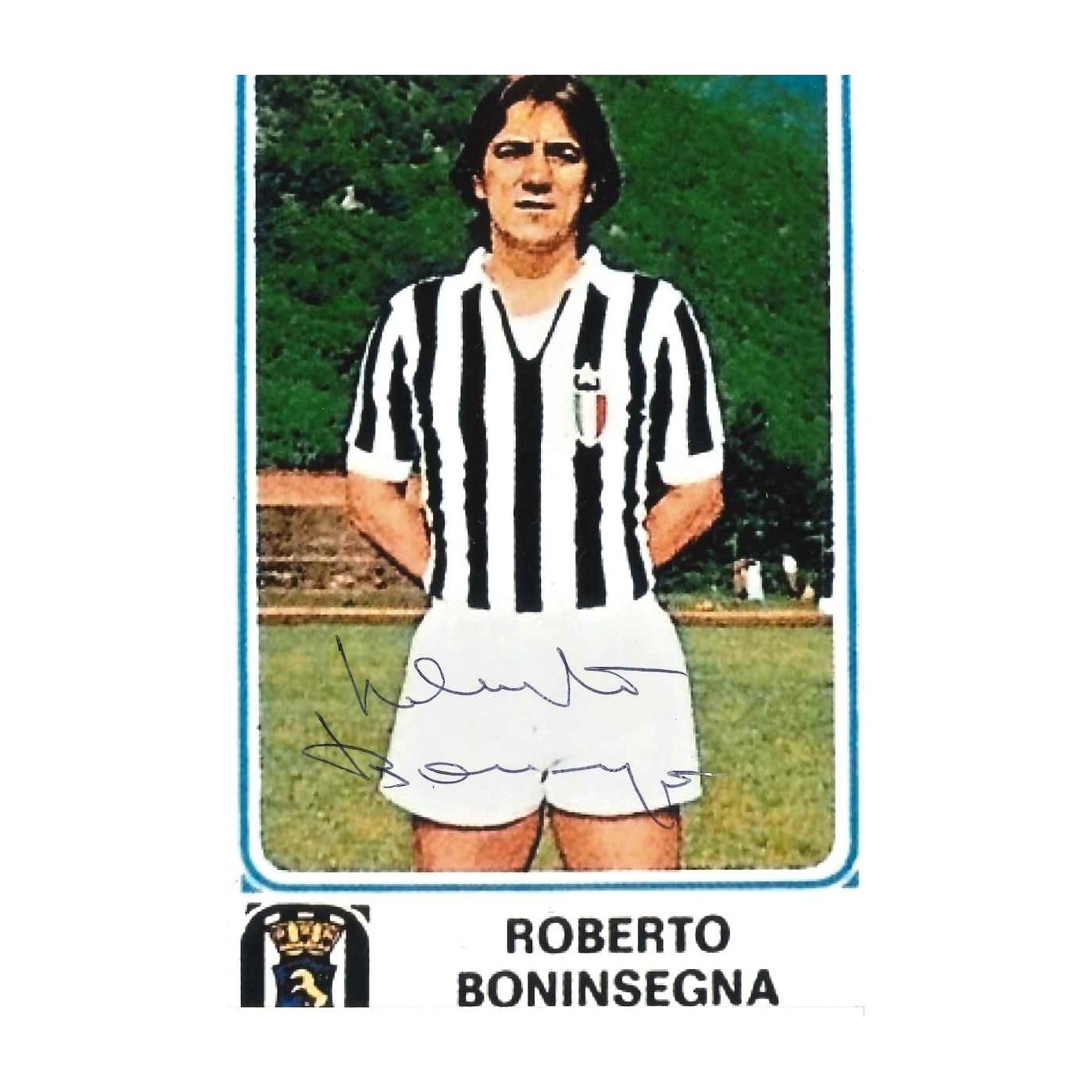 Autografo originale Roberto Boninsegna su cartoncino con foto maglia Juventus anni '70 – firma pennarello nero – condizioni Excellent