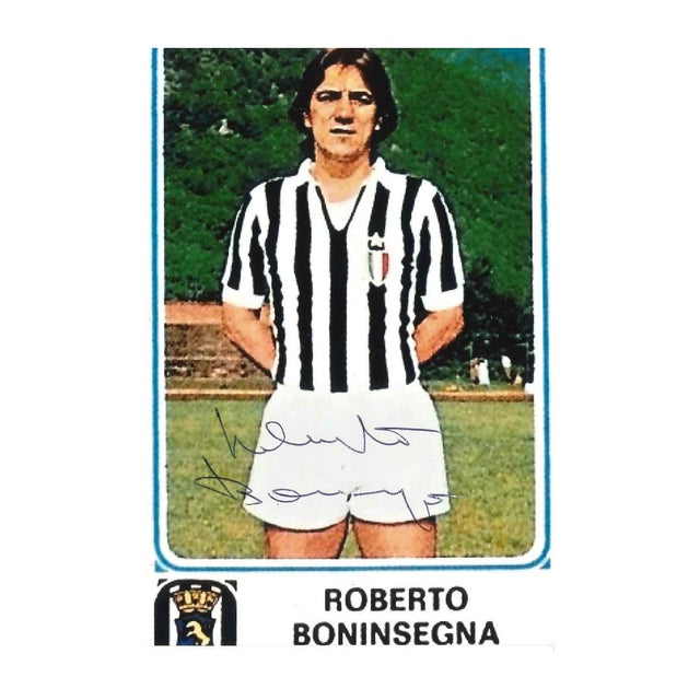 Autografo originale Roberto Boninsegna su cartoncino con foto maglia Juventus anni '70 – firma pennarello nero – condizioni Excellent