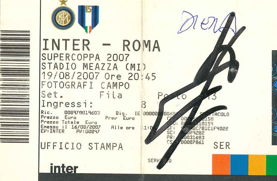 Biglietto originale autografato Javier Zanetti Supercoppa Italiana 2007 Inter-Roma San Siro – settore Fotografi Campo Ufficio Stampa – pennarello nero – 12x8,3 cm