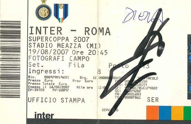 Biglietto originale autografato Javier Zanetti Supercoppa Italiana 2007 Inter-Roma San Siro – settore Fotografi Campo Ufficio Stampa – pennarello nero – 12x8,3 cm
