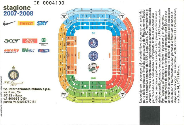 Retro biglietto Inter-Roma Supercoppa 2007 stagione 2007-2008 – sponsor Inter Nike Pirelli SKY – mappa stadio San Siro Meazza
