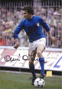 Fotografia autografata Antonio Cabrini azione maglia azzurra Nazionale italiana scudetto FIGC pallone ai piedi anni 70-80 – ologramma sicurezza Associazione Autografia AA21814 – autografo originale pennarello nero in basso – 21x29,7 cm – condizioni Excellent