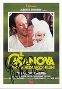 Cartolina promozionale autografata Donald Sutherland Il Casanova di Federico Fellini 1976 Titanus sfondo verde titolo giallo fotogramma film crediti completi Nino Rota Danilo Donati – autografo originale pennarello nero sul titolo – 15x10,5 cm – condizioni Excellent