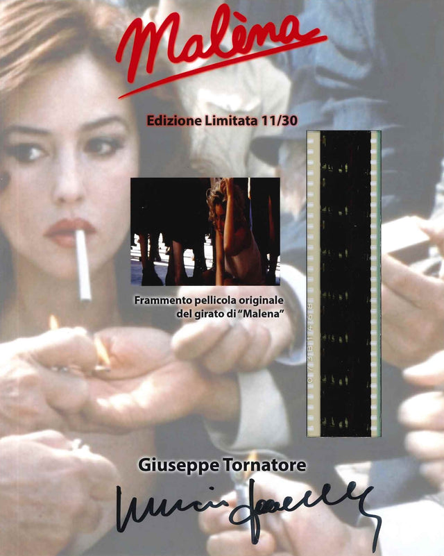 Cartoncino autografato Giuseppe Tornatore – Malèna 2000 con Monica Bellucci – edizione limitata 11/30 con frammento pellicola originale del girato – formato 25x20 cm – COA incluso