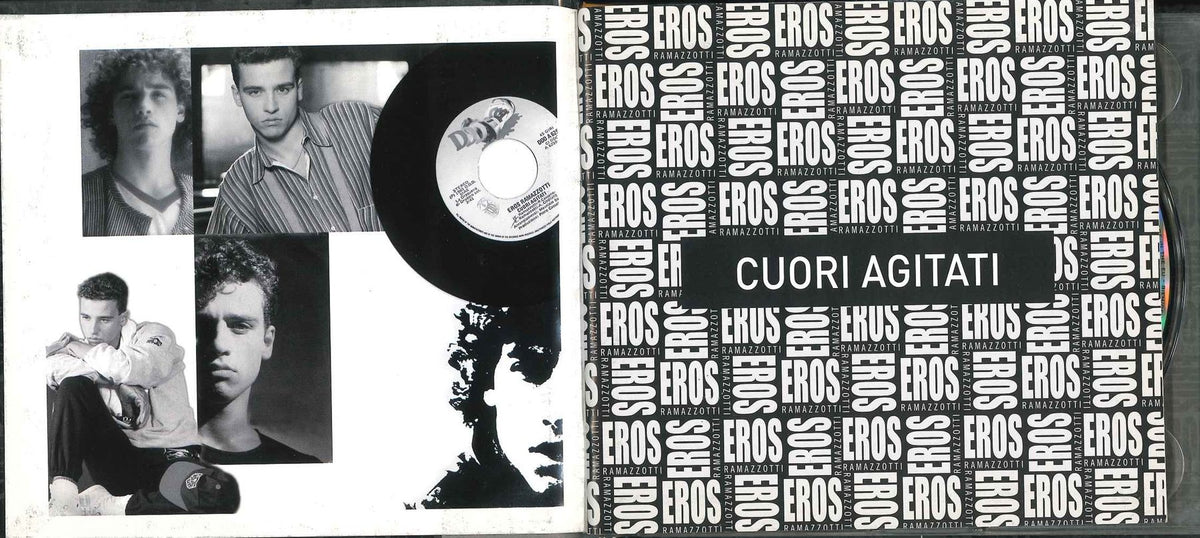 Booklet interno CD Cuori Agitati Eros Ramazzotti con foto in bianco e nero degli esordi