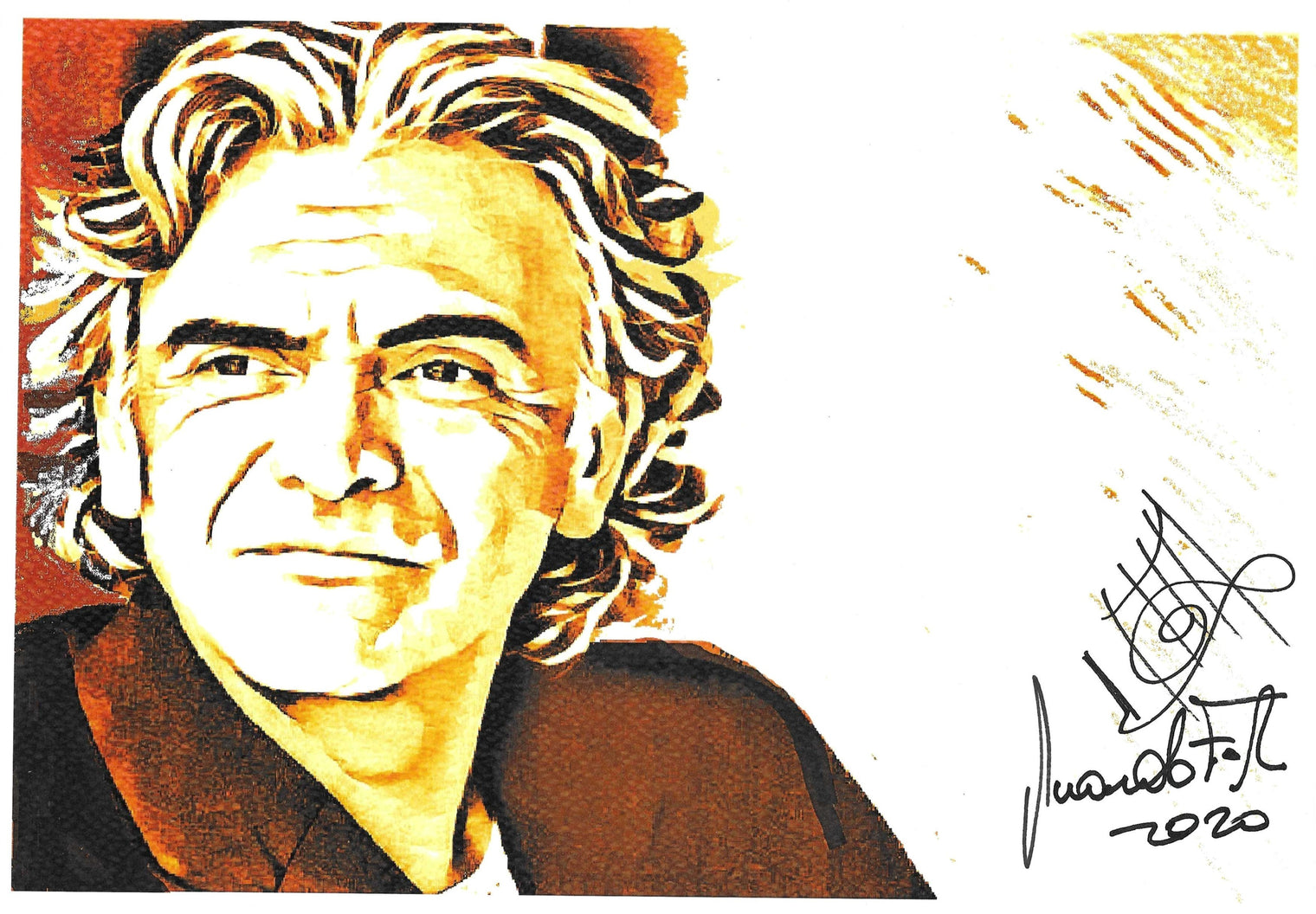 Fotografia autografata Riccardo Fogli illustrazione artistica toni seppia e oro – firma originale con data 2020 pennarello nero – 29,6x21 cm – condizioni Excellent