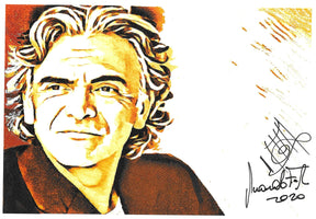 Fotografia autografata Riccardo Fogli illustrazione artistica toni seppia e oro – firma originale con data 2020 pennarello nero – 29,6x21 cm – condizioni Excellent