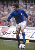 Fotografia autografata Antonio Cabrini azione maglia azzurra Nazionale italiana scudetto FIGC pallone ai piedi anni 70-80 – ologramma sicurezza Associazione Autografia AA21814 – autografo originale pennarello nero in basso – 21x29,7 cm – condizioni Excellent