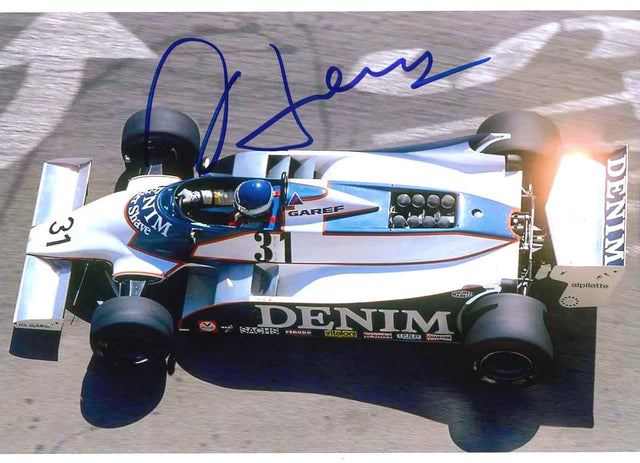 Foto autografata Miguel Ángel Guerra alla guida della Osella Denim numero 31 in F1 1981 – autografo originale pennarello blu – condizioni Excellent