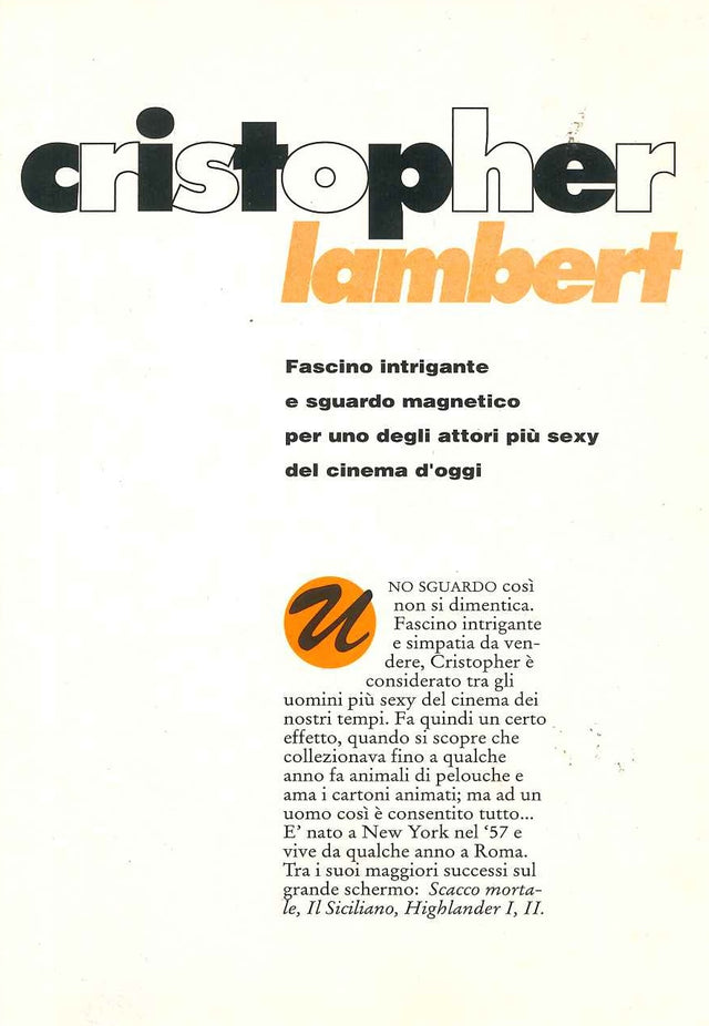 Retro cartolina editoriale italiana Christopher Lambert anni Novanta titolo grafico Cristopher Lambert bio attore Highlander I II Scacco Mortale Il Siciliano nato New York 1957