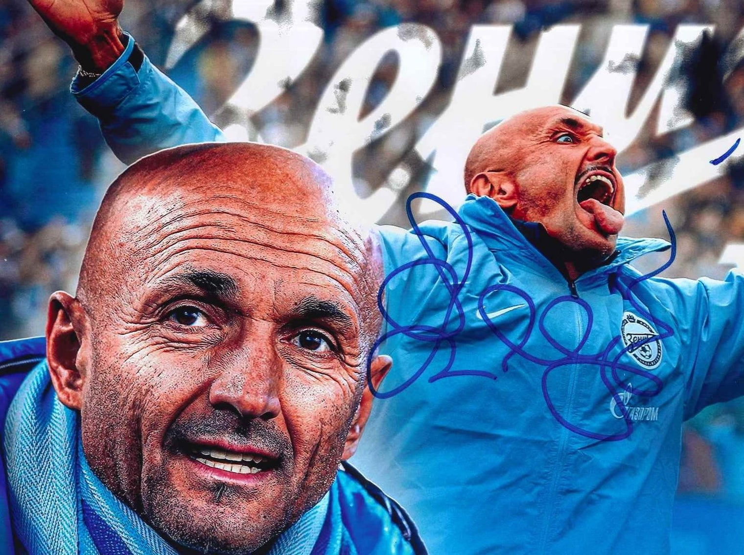 Fotografia autografata Luciano Spalletti allenatore Zenit San Pietroburgo – giacca Nike Gazprom esultanza – autografo originale pennarello blu – condizioni Excellent