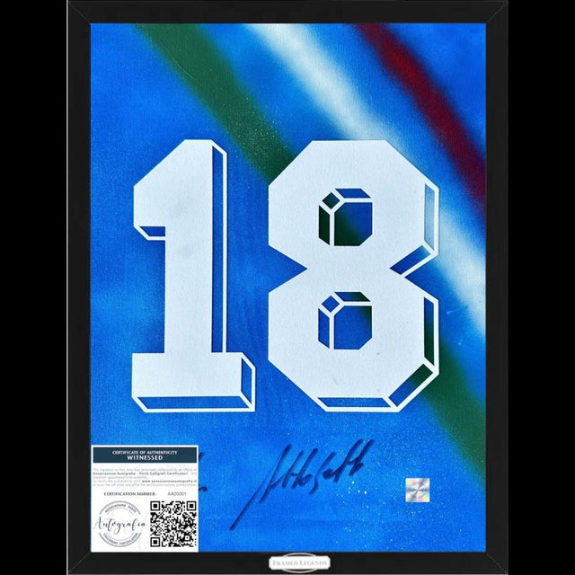 Frame Legends autografato Alessandro Altobelli – artwork tela dipinta numero 18 Nazionale Italiana tricolore – 50x40 cm con cornice – COA Associazione Autografia incluso – condizioni Excellent