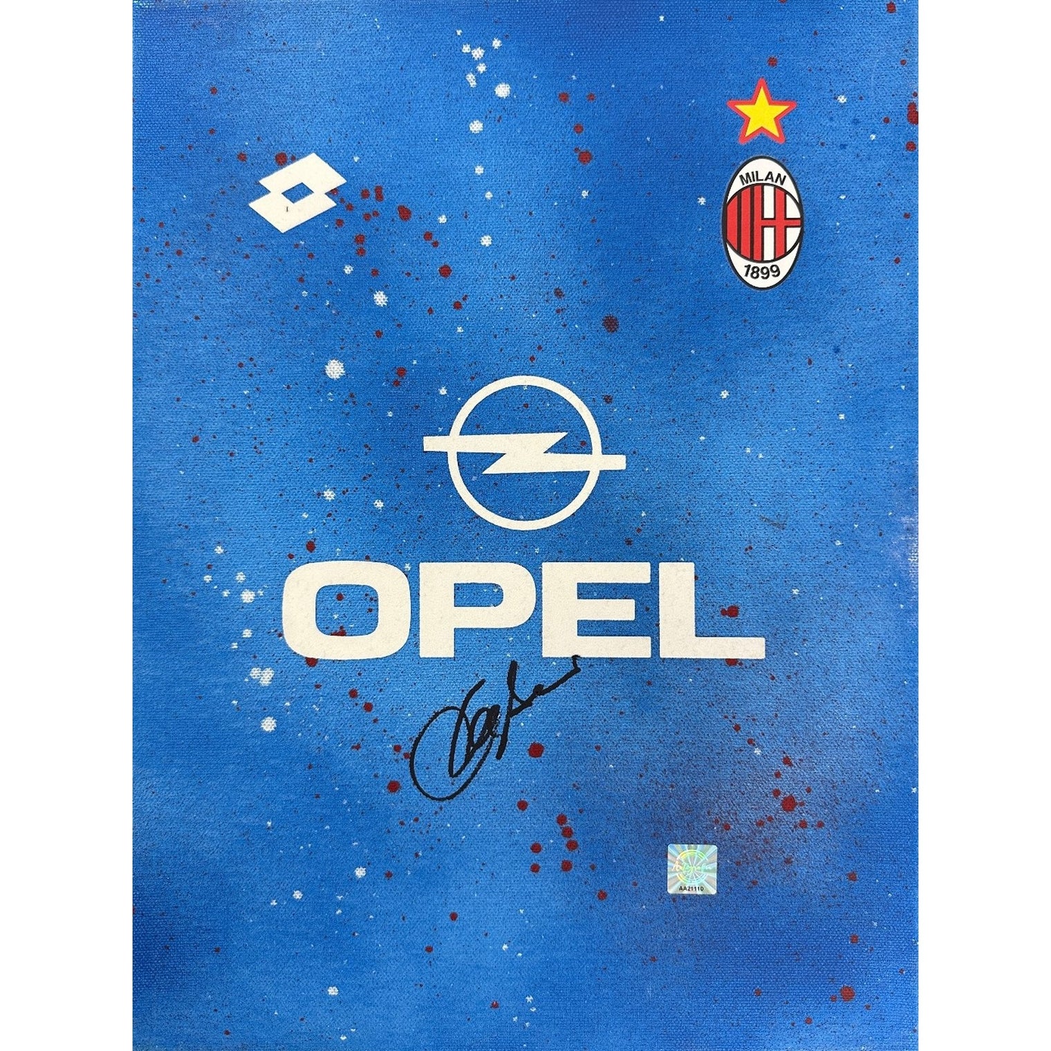 Frame Legends autografato Franco Baresi – tela artistica logo Opel sponsor AC Milan anni '90 – sfondo azzurro – autografo pennarello nero – adesivo olografico Certificato Witnessed – cornice nera 40x30 cm