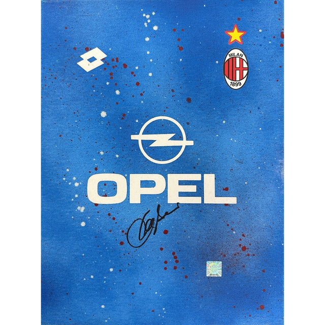 Frame Legends autografato Franco Baresi – tela artistica logo Opel sponsor AC Milan anni '90 – sfondo azzurro – autografo pennarello nero – adesivo olografico Certificato Witnessed – cornice nera 40x30 cm