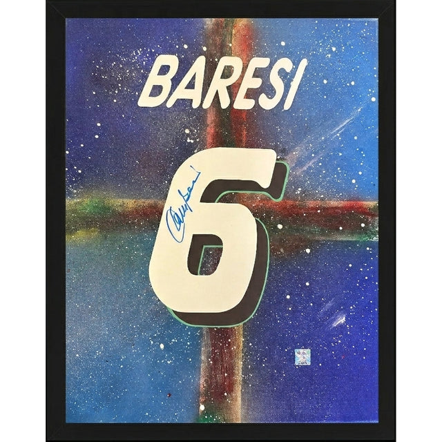 Frame Legends autografato Franco Baresi – tela artistica cognome BARESI e numero 6 verde su sfondo blu stellato – autografo pennarello blu – adesivo olografico Certificato Witnessed – cornice nera 50x40 cm