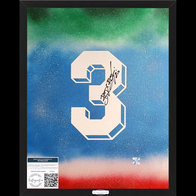Frame Legends autografato Giuseppe Bergomi – artwork tela dipinta numero 3 Nazionale Italiana sfondo tricolore verde azzurro rosso – 50x40 cm con cornice – autografo originale pennarello nero – COA Associazione Autografia incluso – condizioni Excellent