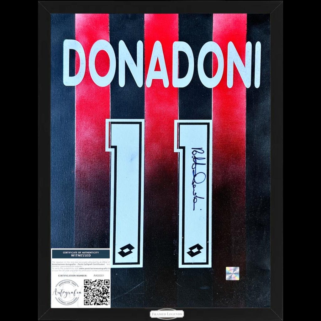 Frame Legends autografato Roberto Donadoni – artwork tela dipinta numero 11 AC Milan – 50x40 cm con cornice – COA Associazione Autografia incluso – condizioni Excellent