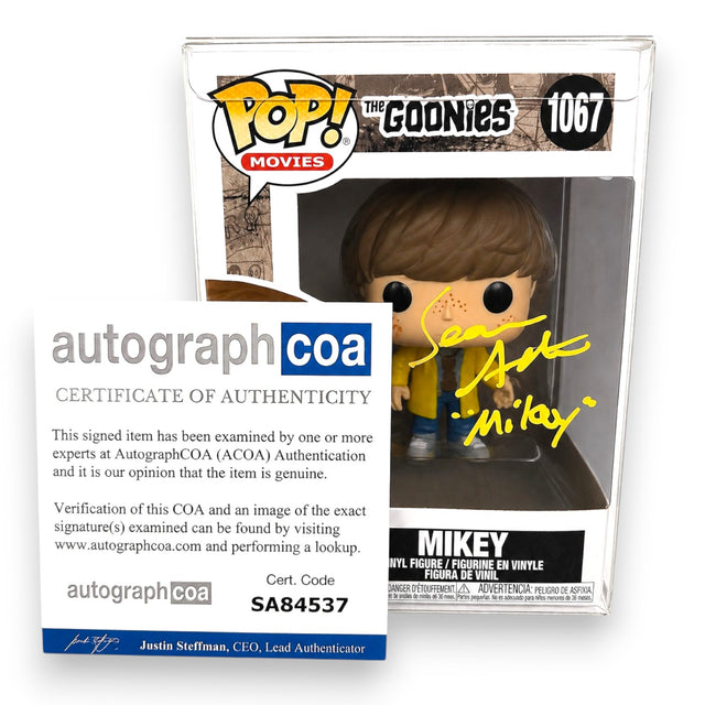 Funko POP Goonies Mikey 1067 autografato Sean Astin giallo inscription Mikey – COA AutographCOA SA84537 incluso