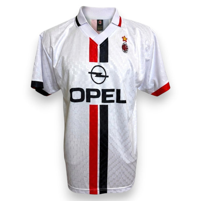 Maglia AC Milan Away 1995-96 replica Score Draw – bianca con sponsor Opel – striscia rosso-nera – stella d'oro – taglia L