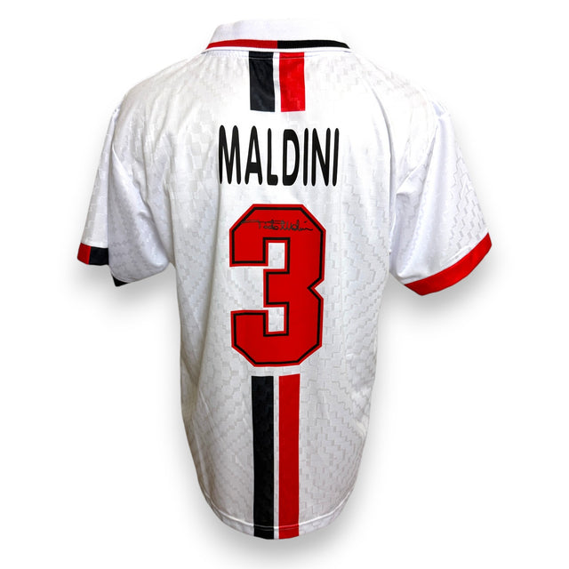 Retro replica ufficiale maglia AC Milan Away 1995-96 numero 3 Maldini autografata – Score Draw – pennarello nero