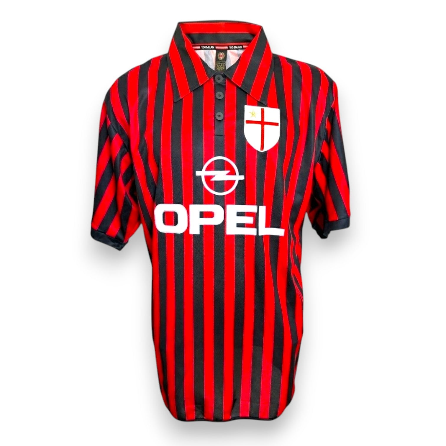 Maglia AC Milan Home retro 1995-96 Store Score Draw – sponsor Opel – scudo crociato stella oro – Baresi