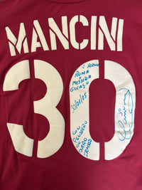 Dettaglio dedica autografo Mancini su numero 30 maglia AS Roma 2004-05 – A Sergio Roma x Messina Golaço 30/01/05 – pennarello blu