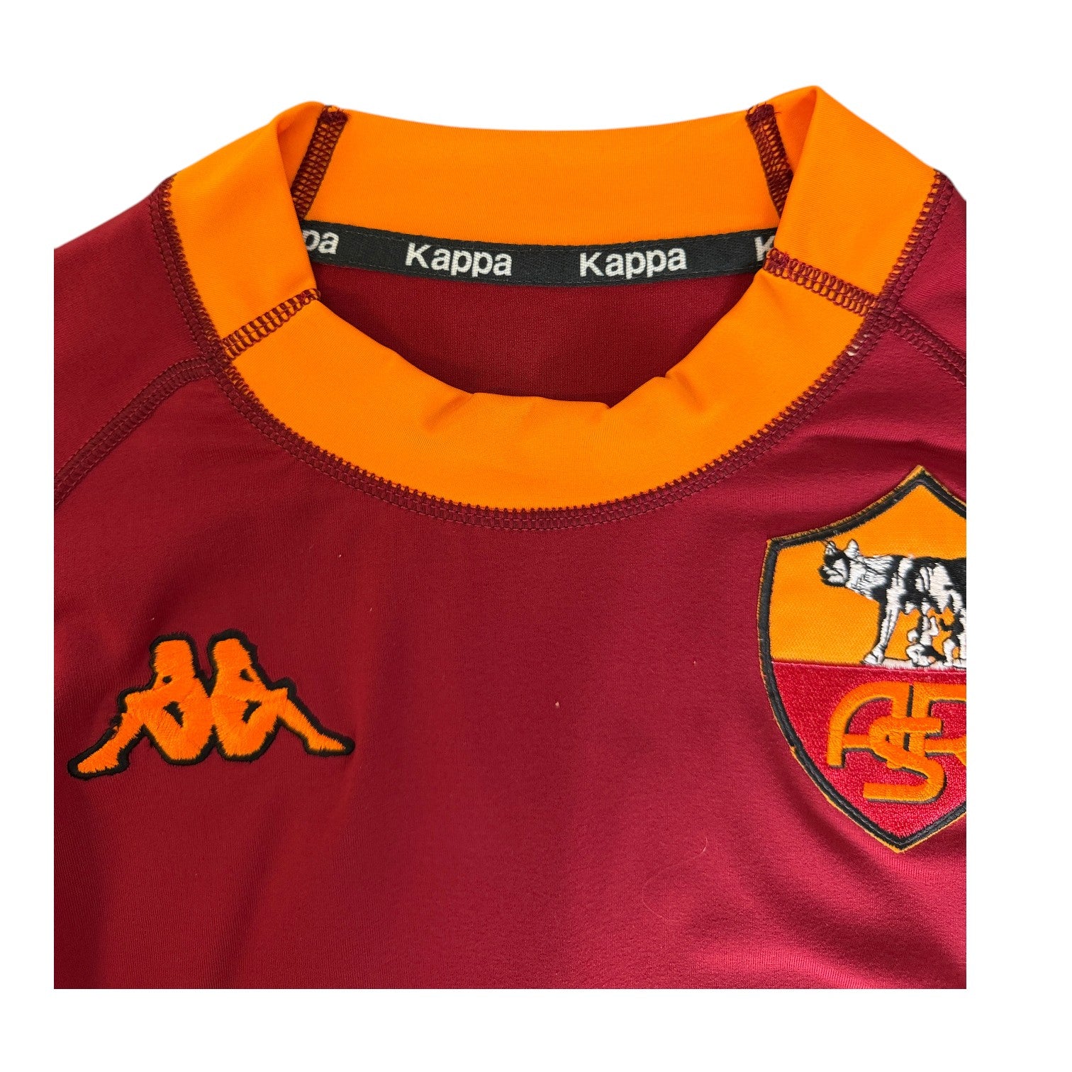 Colletto arancione e stemma lupetto AS Roma Home 2000-01 Kappa – Player Issued fornitura squadra