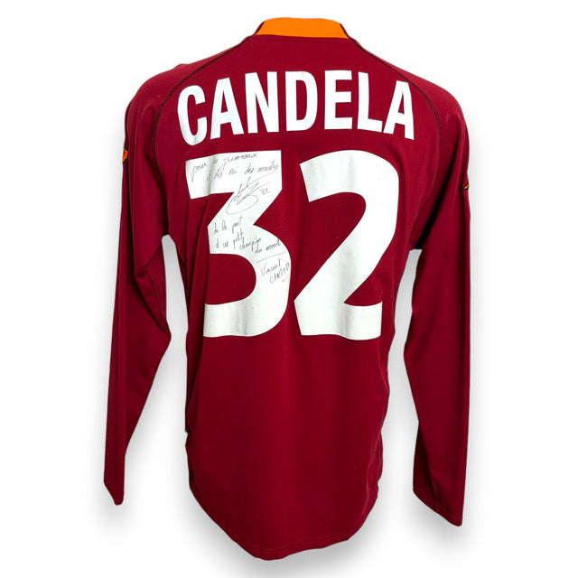 Retro maglia AS Roma 2000-01 numero 32 Candela autografata con dedica in francese – Kappa Serie A