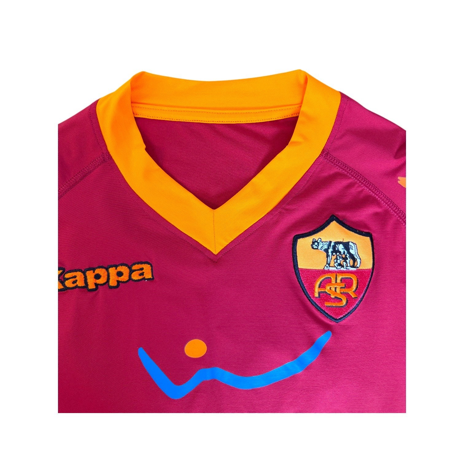 Colletto a V arancione e stemma lupetto AS Roma Home 2009-10 Kappa Wind – Player Issued