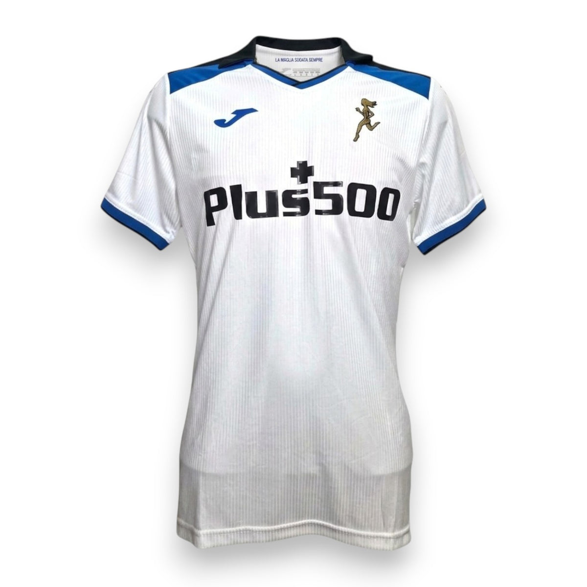 Maglia Atalanta Away 2022/23 Joma bianca con sponsor Plus500 e Dea ricamata in oro – fronte