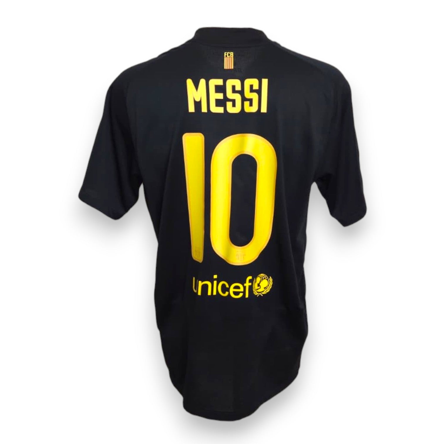 Retro maglia Barcellona Away 2011-12 numero 10 Messi Nike nera – nome replica giallo e logo unicef