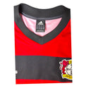 Dettaglio colletto a V e stemma Bayer Leverkusen maglia Home 2002-03 Adidas – taglia L Made in Portugal fodera rosa