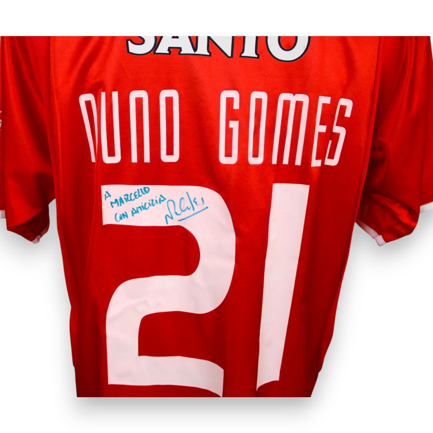 Dettaglio autografo originale e dedica A Marcello con amicizia – Nuno Gomes Benfica 2003-04 – pennarello blu