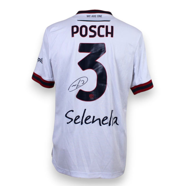 Retro maglia Bologna Away 2022/23 numero 3 Posch autografato – sponsor Selenella WE ARE ONE Macron bianca