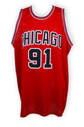 Maglia Chicago Bulls 1997-98 Away rossa Dennis Rodman numero 91 – replica custom mesh – design CHICAGO ad arco – taglia XL