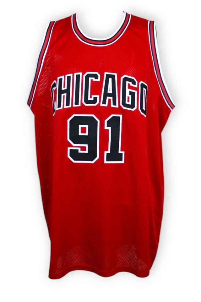 Maglia Chicago Bulls 1997-98 Away rossa Dennis Rodman numero 91 – replica custom mesh – design CHICAGO ad arco – taglia XL