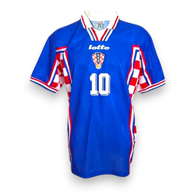 Maglia Croazia Away 1998 Vintage Boban numero 10 Lotto blu – stemma HNS e scacchi rosso bianchi croati