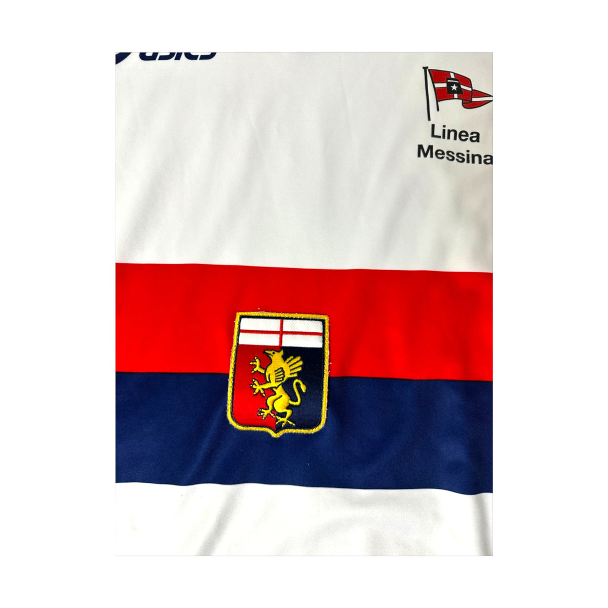 Stemma Genoa con grifone e croce di San Giorgio sulla fascia rossoblù – maglia Away 2008/09 Asics