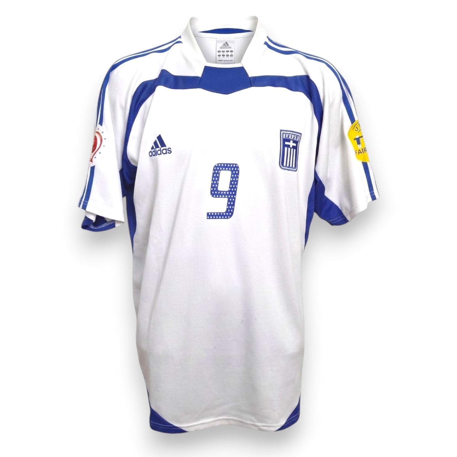 Maglia Grecia Home 2004 Charisteas numero 9 – Adidas – patch UEFA Euro 2004 bianca dettagli blu – condizioni Very Good