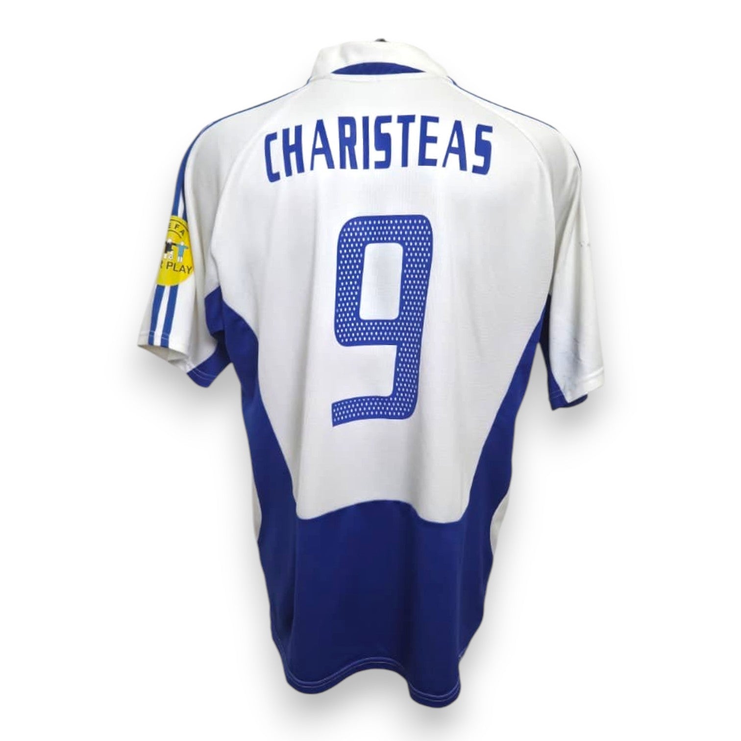 Retro maglia Grecia Home 2004 Charisteas numero 9 – Adidas Euro 2004 – patch UEFA Fair Play