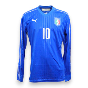 Maglia Italia Home Euro 2016 Tavecchio Store autografata fronte – Puma azzurra manica lunga pinstripes dorati numero 10 stemma FIGC