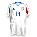 Maglia Italia Away Euro 2024 Adidas bianca con tricolore sulle spalle e numero 14 sul petto – fronte