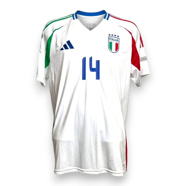 Maglia Italia Away Euro 2024 Adidas bianca con tricolore sulle spalle e numero 14 sul petto – fronte
