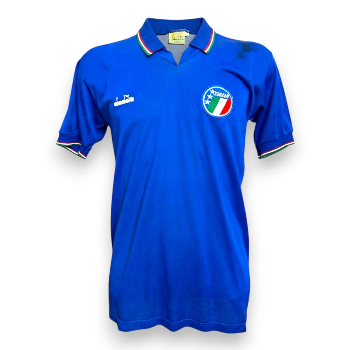 Maglia Italia Home 1988/90 Diadora originale Vintage con scudetto Italia FIGC – fronte con macchie scure sulla spalla