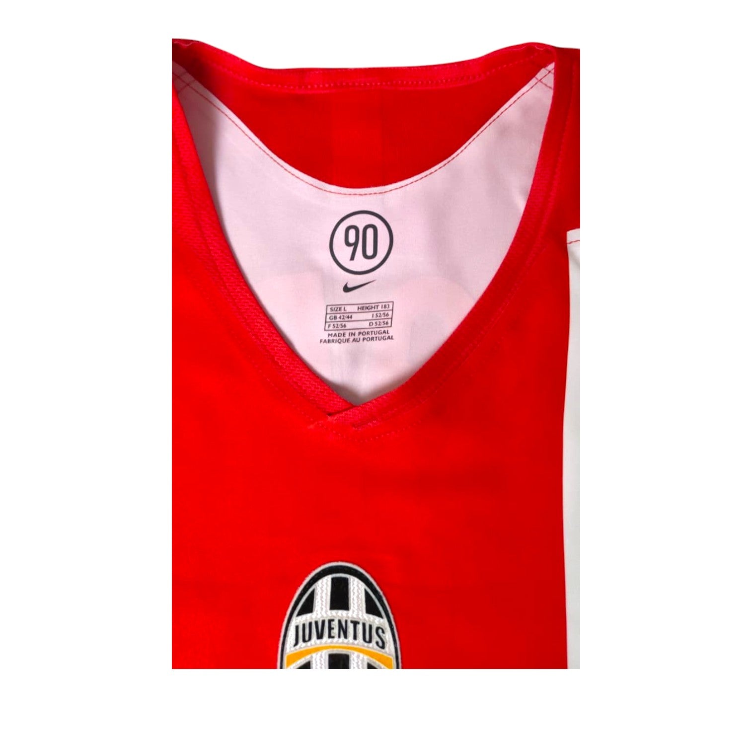 Colletto a V maglia Juventus 2006-07 Nike – etichetta SIZE L Made in Portugal e stemma Juventus